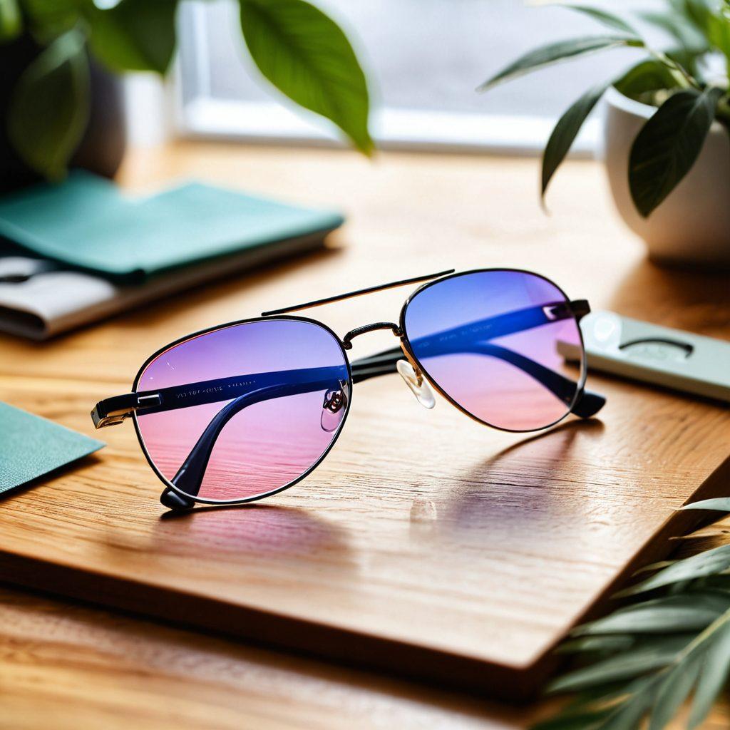 A stylish pair of trendy eyewear rests on a sleek wooden table, surrounded by colorful contact lens cases, a magnifying glass, and a stylish sunglasses holder. The background features a softly blurred indoor space filled with lush greenery and natural light pouring in, symbolizing clarity and vision. A pair of hands, gently adjusting the eyewear, adds a personal touch, conveying the essential tips for eyewear choice. super-realistic. vibrant colors. warm lighting.