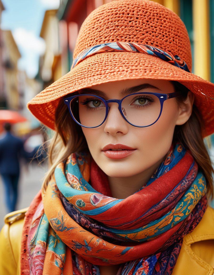 A stylish eyeglass frame showcasing an array of optical lenses, blending seamlessly with fashionable accessories like scarves and hats. The background features a chic boutique setting with vibrant patterns and colors, emphasizing the fusion of functionality and fashion. Include diverse models trying on various lenses. street style. vibrant colors. super-realistic.